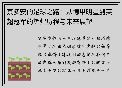 京多安的足球之路：从德甲明星到英超冠军的辉煌历程与未来展望